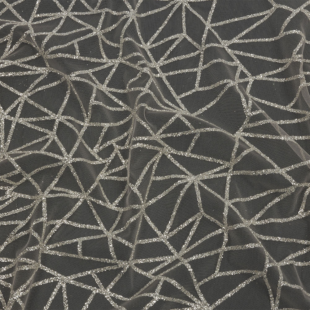 Glitter Tulle - Champagne and Silver Linear Geometry