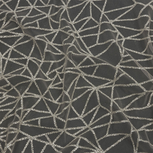Glitter Tulle - Champagne and Silver Linear Geometry