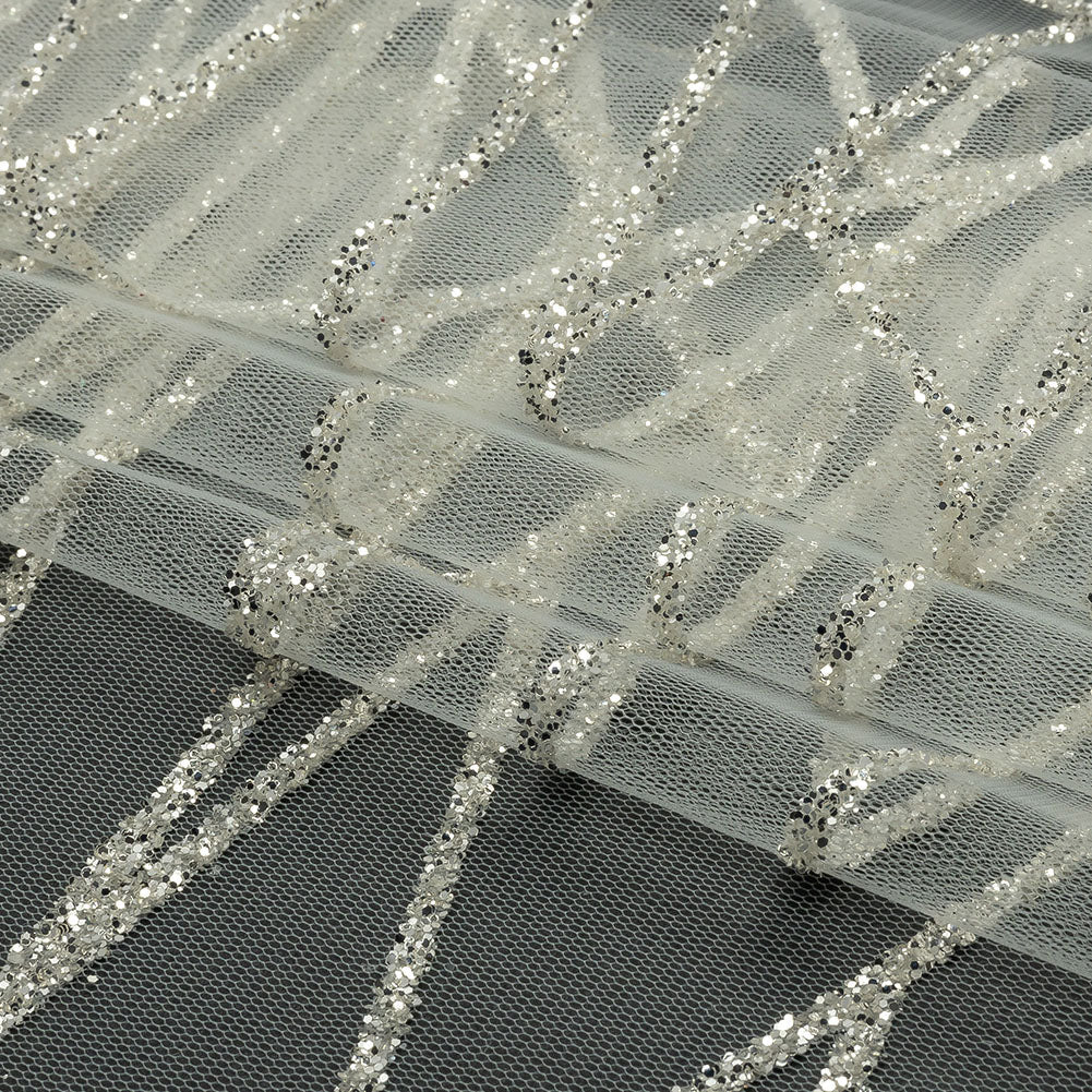 Glitter Tulle - White and Silver Linear Geometry