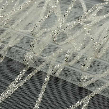 Glitter Tulle - White and Silver Linear Geometry