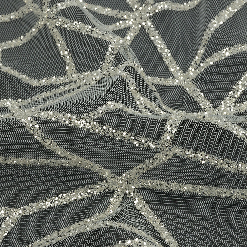 Glitter Tulle - White and Silver Linear Geometry