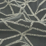 Glitter Tulle - White and Silver Linear Geometry