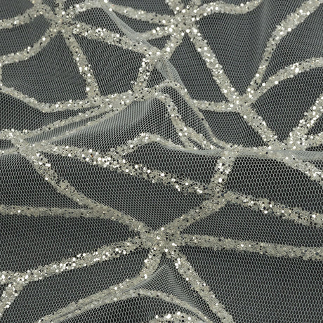 Glitter Tulle - White and Silver Linear Geometry