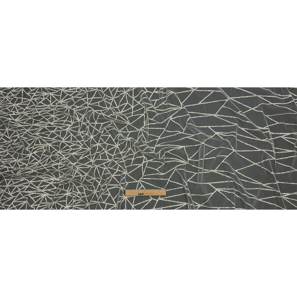 Glitter Tulle - White and Silver Linear Geometry