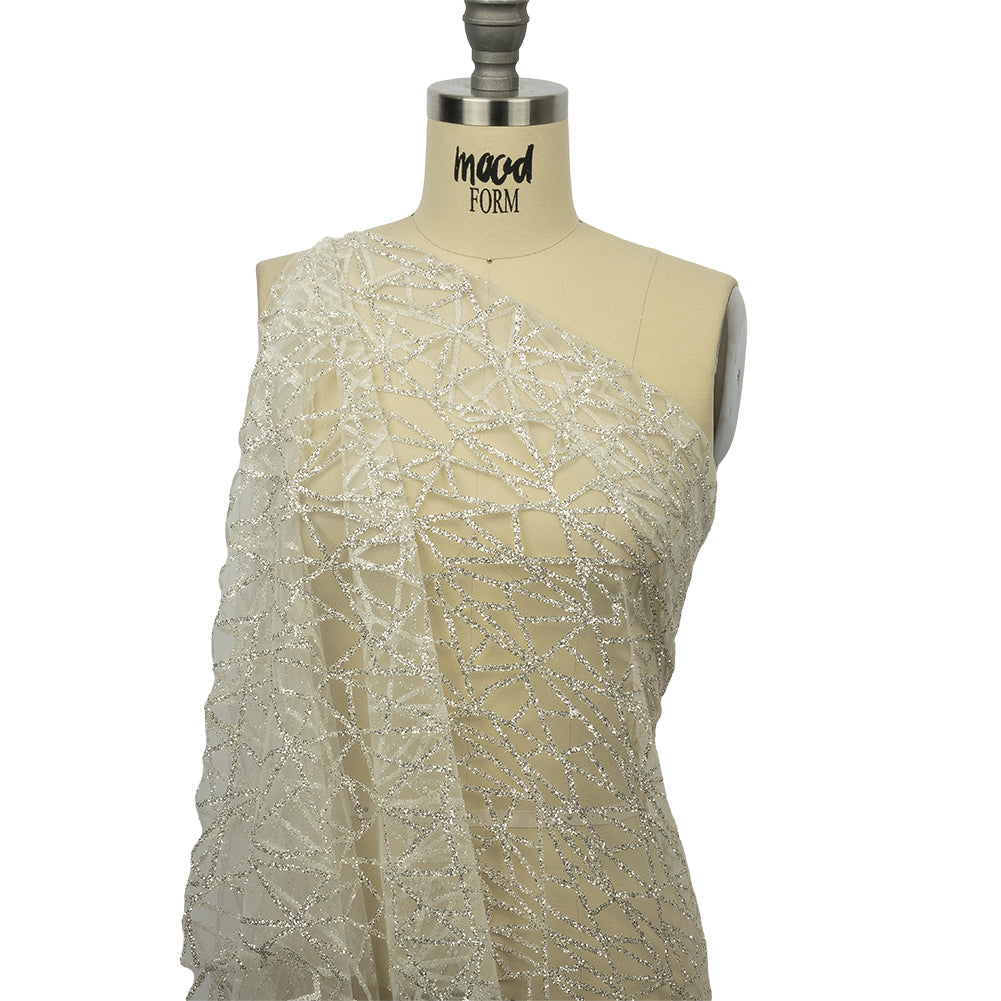 Glitter Tulle - White and Silver Linear Geometry