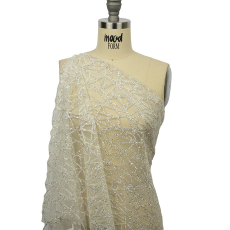 Glitter Tulle - White and Silver Linear Geometry