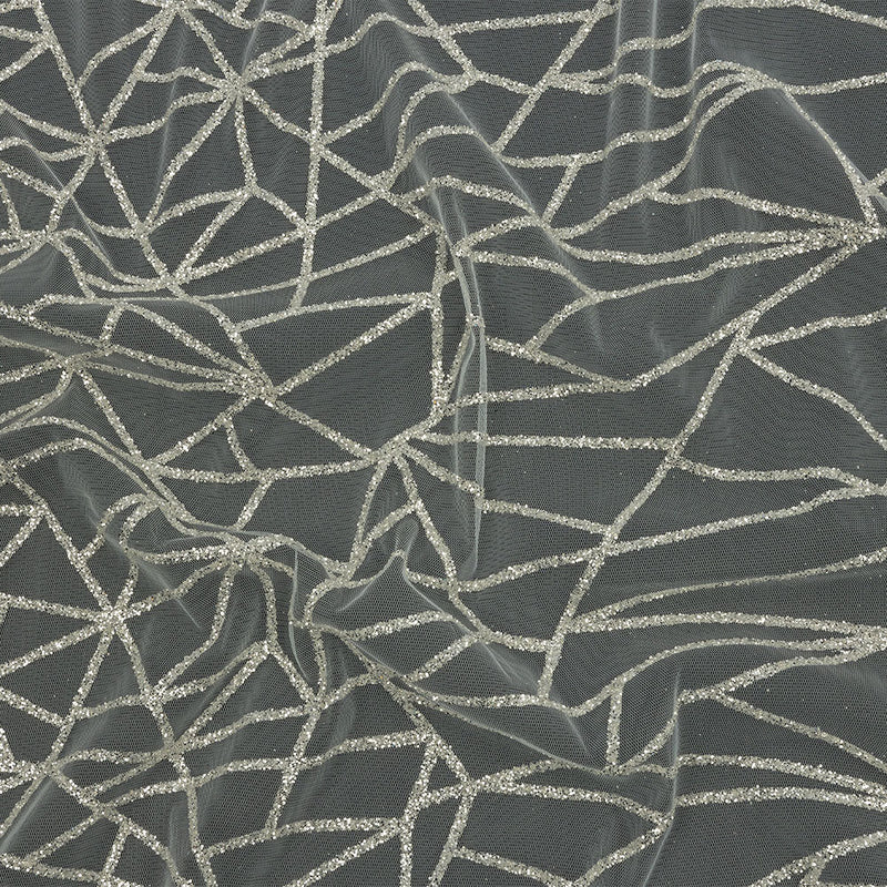 Glitter Tulle - White and Silver Linear Geometry