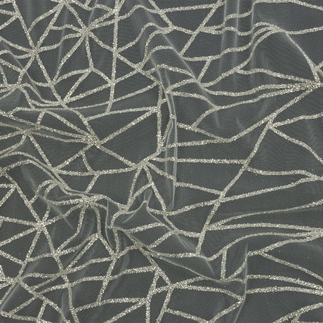 Glitter Tulle - White and Silver Linear Geometry