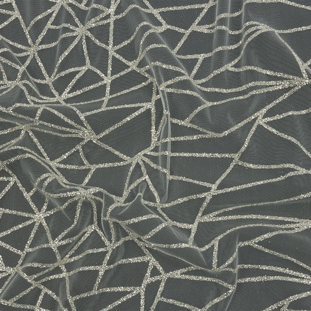 Glitter Tulle - White and Silver Linear Geometry