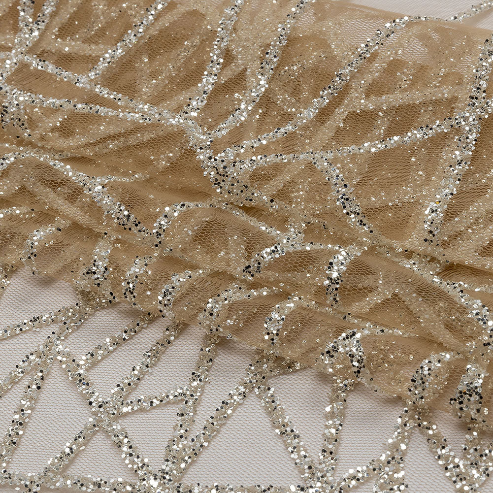 Glitter Tulle - Mink and Silver Linear Geometry