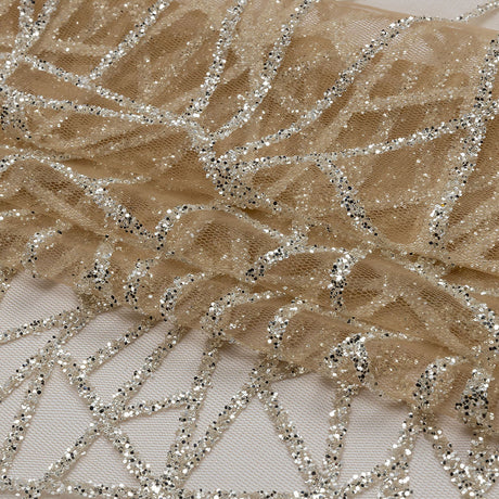 Glitter Tulle - Mink and Silver Linear Geometry