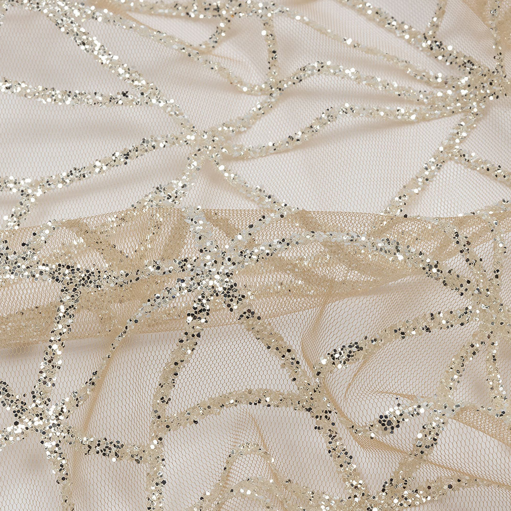 Glitter Tulle - Mink and Silver Linear Geometry