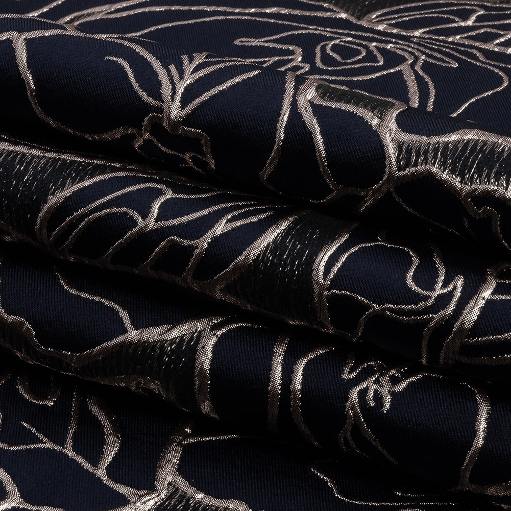 Metallic Rose Gold and Navy Outlined Florals Luxury Brocade
