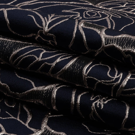 Metallic Rose Gold and Navy Outlined Florals Luxury Brocade