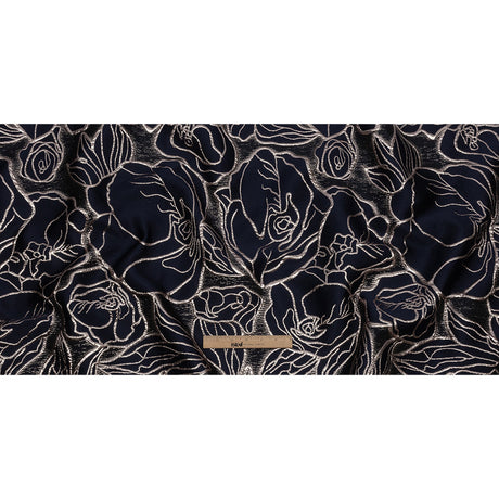 Metallic Rose Gold and Navy Outlined Florals Luxury Brocade