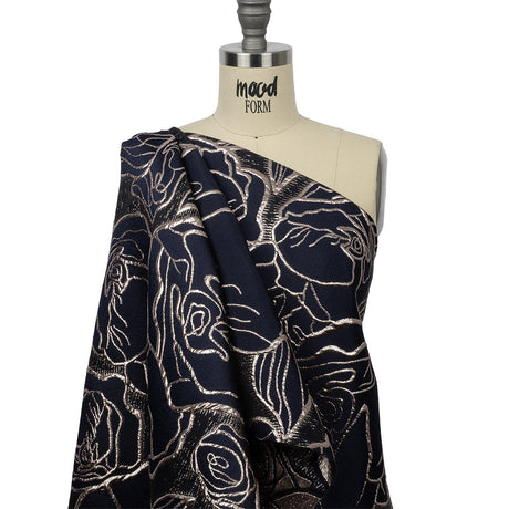 Metallic Rose Gold and Navy Outlined Florals Luxury Brocade