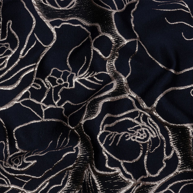 Metallic Rose Gold and Navy Outlined Florals Luxury Brocade