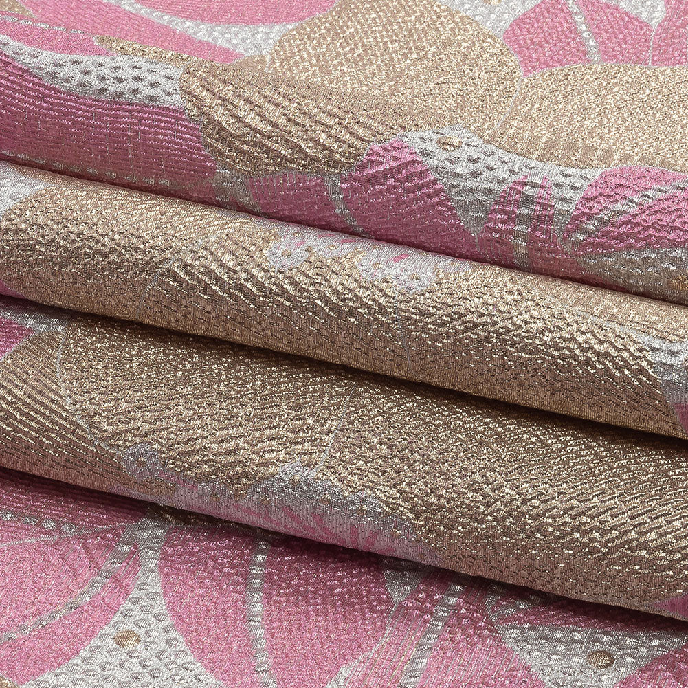 Metallic Gold, Silver and Pink Tropical Flowers Luxury Brocade