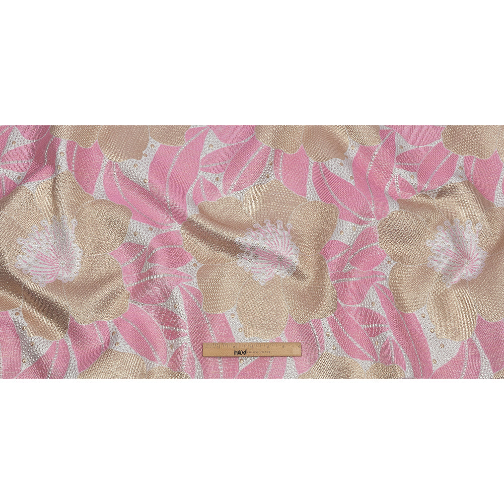 Metallic Gold, Silver and Pink Tropical Flowers Luxury Brocade