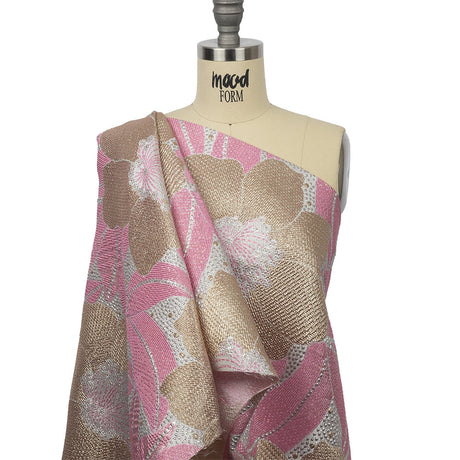 Metallic Gold, Silver and Pink Tropical Flowers Luxury Brocade