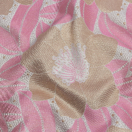 Metallic Gold, Silver and Pink Tropical Flowers Luxury Brocade
