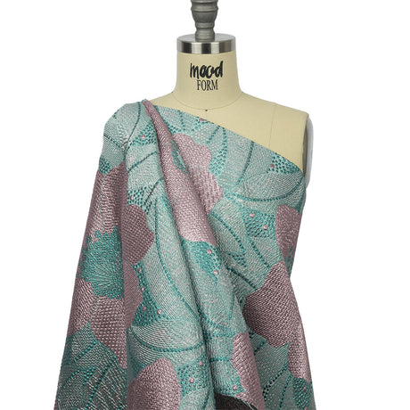 Metallic Teal and Lilac Tropical Flowers Luxury Brocade