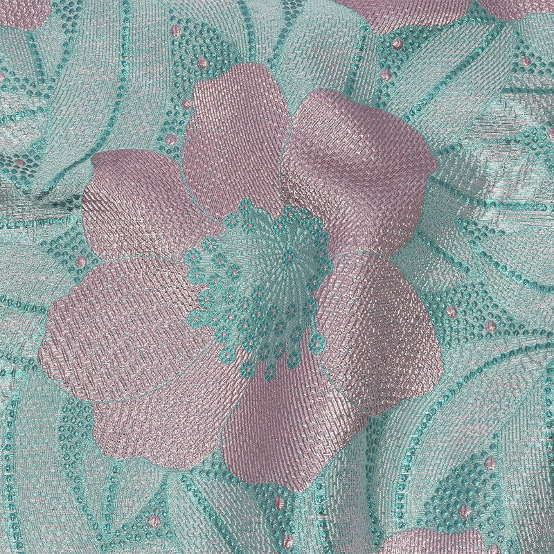 Metallic Teal and Lilac Tropical Flowers Luxury Brocade