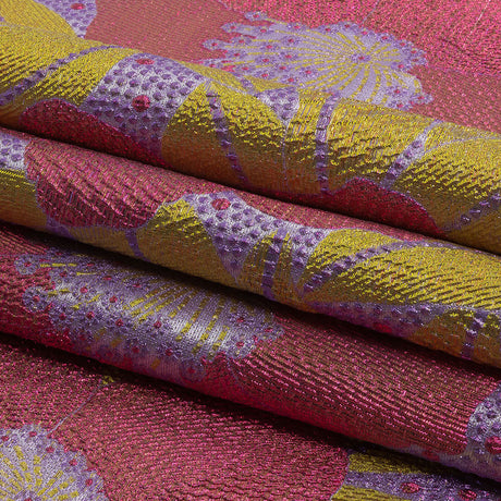 Metallic Purple, Pink and Yellow Tropical Flowers Luxury Brocade