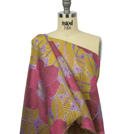 Metallic Purple, Pink and Yellow Tropical Flowers Luxury Brocade