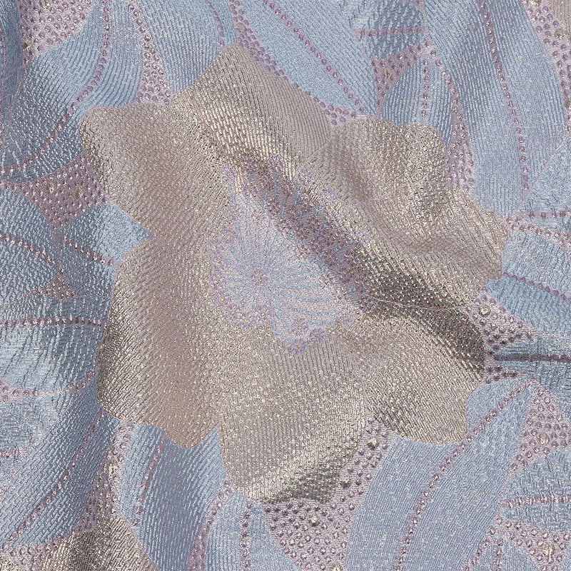 Metallic Rose Gold, Periwinkle and Lavender Tropical Flowers Luxury Brocade