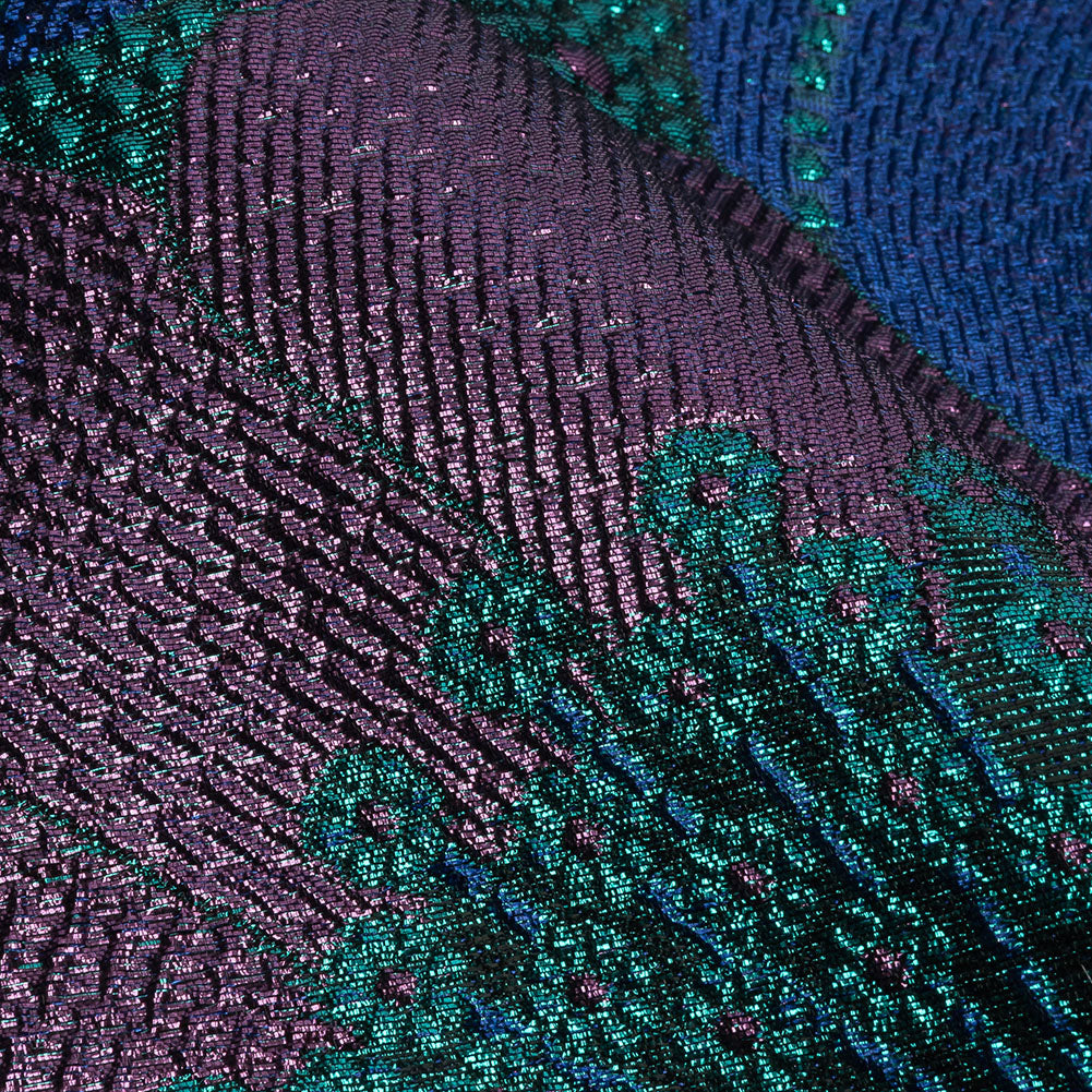 Metallic Purple, Royal Blue and Teal Tropical Flowers Luxury Brocade