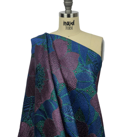 Metallic Purple, Royal Blue and Teal Tropical Flowers Luxury Brocade