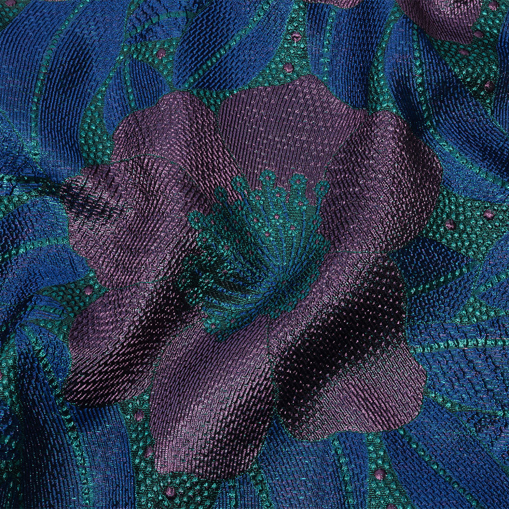 Metallic Purple, Royal Blue and Teal Tropical Flowers Luxury Brocade
