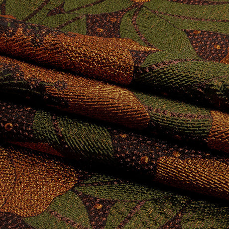 Metallic Orange, Olive and Black Tropical Flowers Luxury Brocade