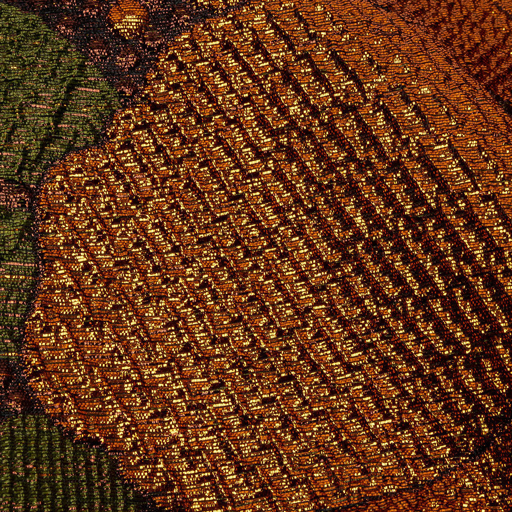 Metallic Orange, Olive and Black Tropical Flowers Luxury Brocade