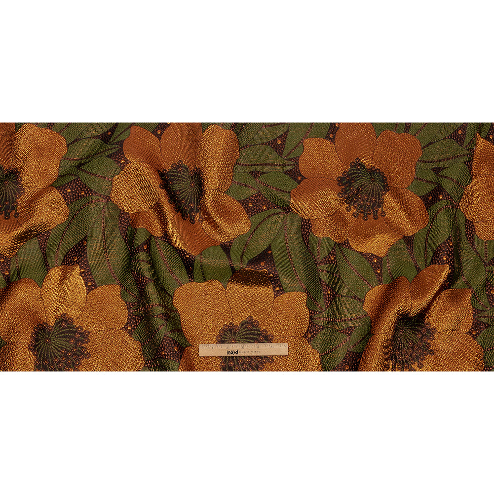 Metallic Orange, Olive and Black Tropical Flowers Luxury Brocade