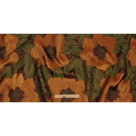 Metallic Orange, Olive and Black Tropical Flowers Luxury Brocade