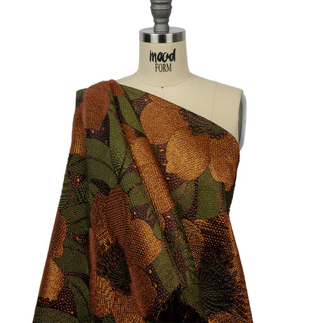 Metallic Orange, Olive and Black Tropical Flowers Luxury Brocade
