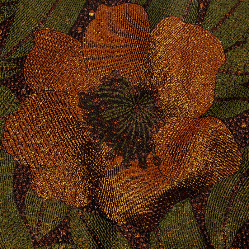 Metallic Orange, Olive and Black Tropical Flowers Luxury Brocade