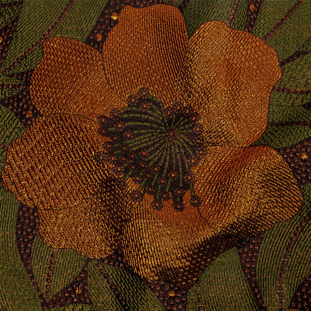 Metallic Orange, Olive and Black Tropical Flowers Luxury Brocade