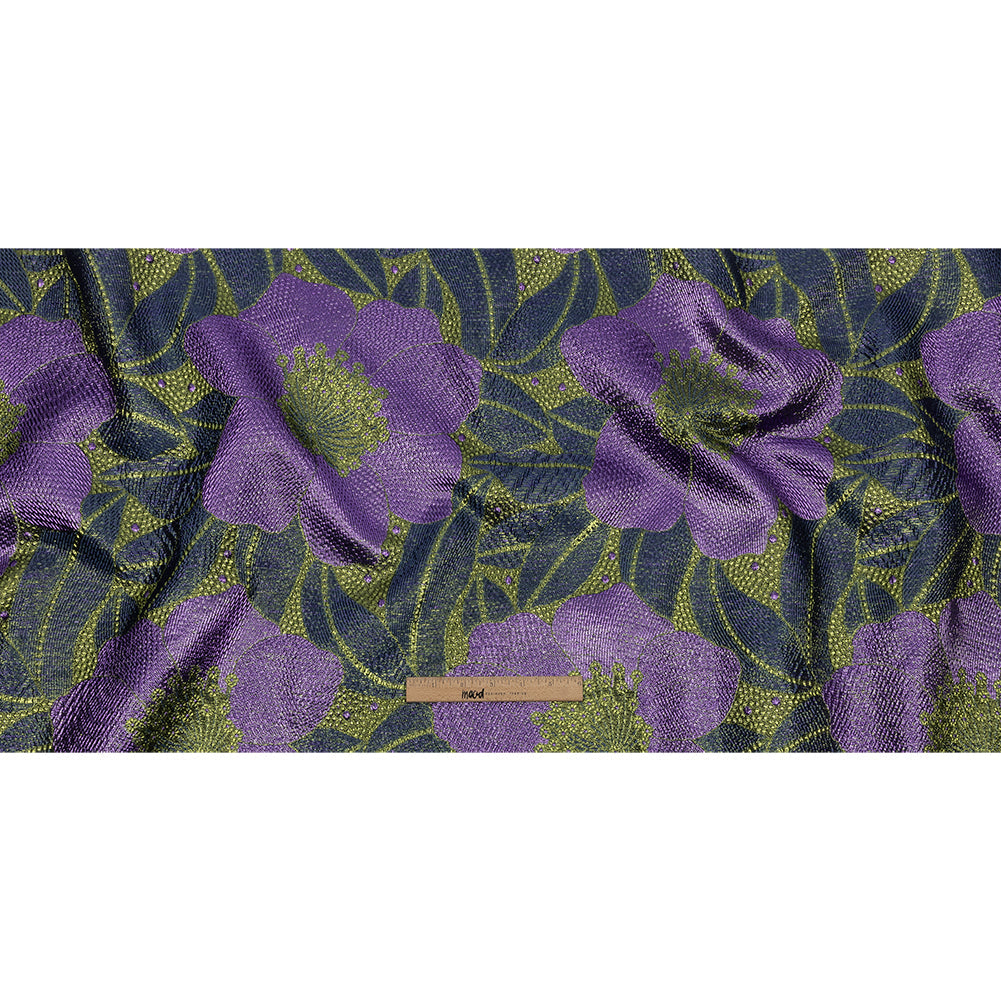 Metallic Navy, Lime and Lavender Tropical Flowers Luxury Brocade