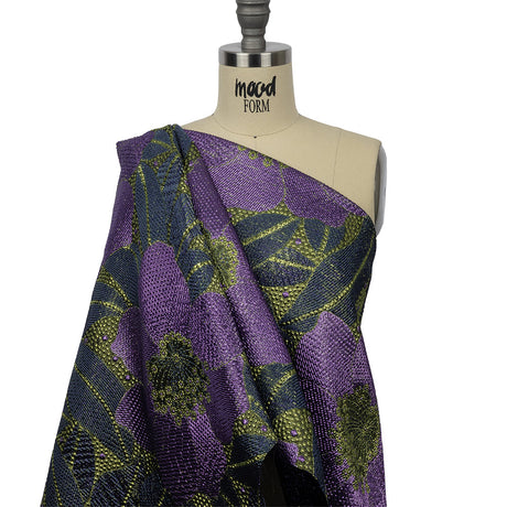 Metallic Navy, Lime and Lavender Tropical Flowers Luxury Brocade