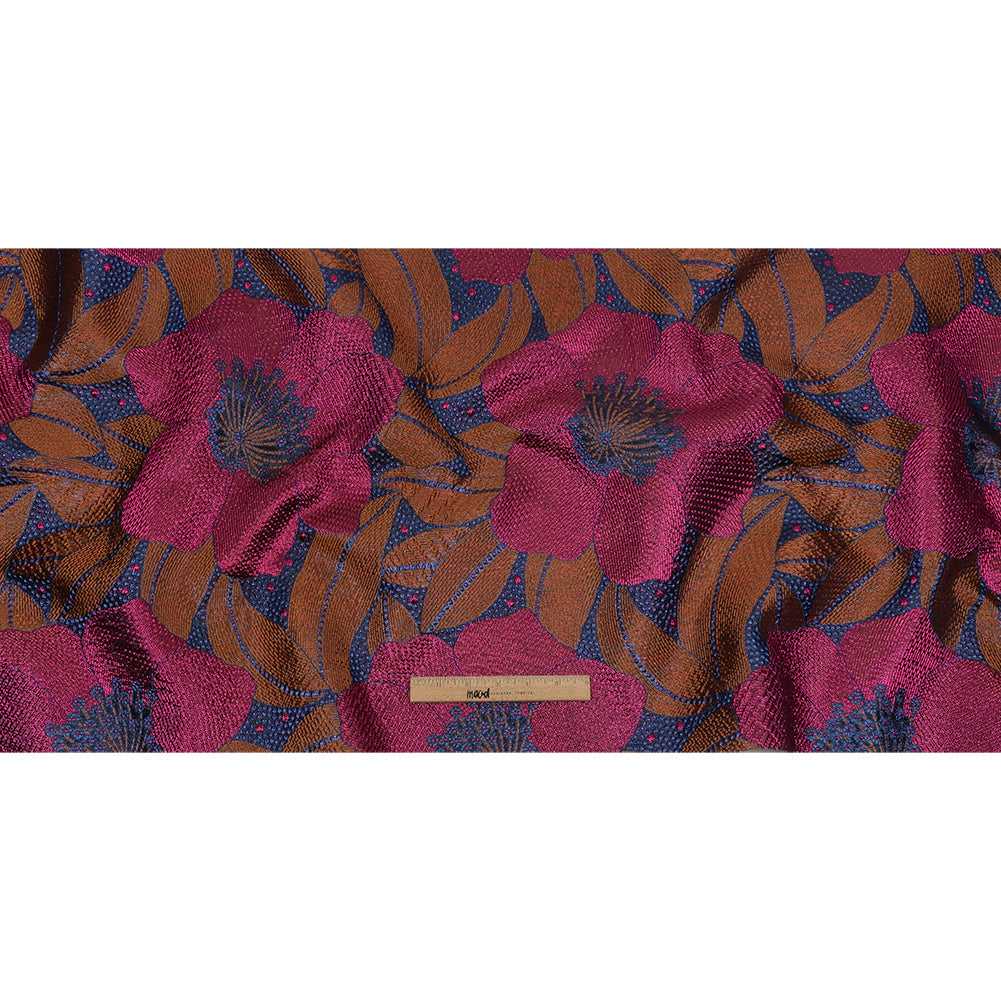 Metallic Magenta, Burnt Orange and Blue Tropical Flowers Luxury Brocade