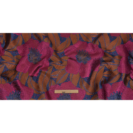 Metallic Magenta, Burnt Orange and Blue Tropical Flowers Luxury Brocade