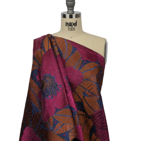 Metallic Magenta, Burnt Orange and Blue Tropical Flowers Luxury Brocade