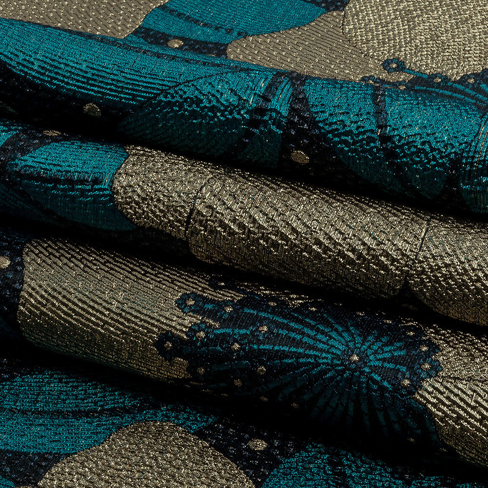 Metallic Gold, Teal and Navy Tropical Flowers Luxury Brocade