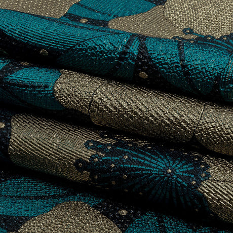 Metallic Gold, Teal and Navy Tropical Flowers Luxury Brocade