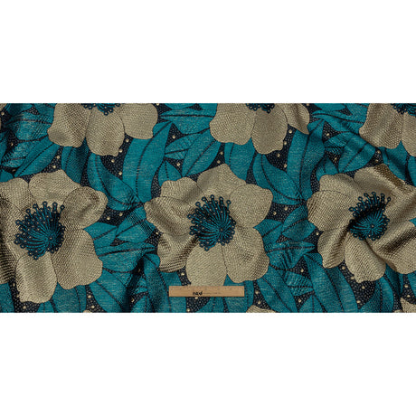 Metallic Gold, Teal and Navy Tropical Flowers Luxury Brocade