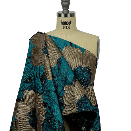 Metallic Gold, Teal and Navy Tropical Flowers Luxury Brocade
