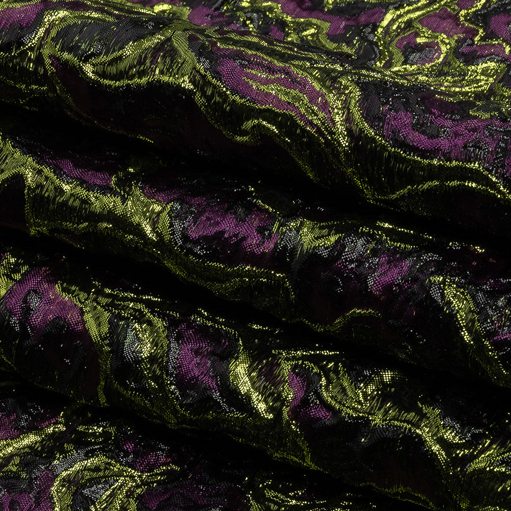 Metallic Lime, Black and Aubergine Smoky Swirls Luxury Brocade